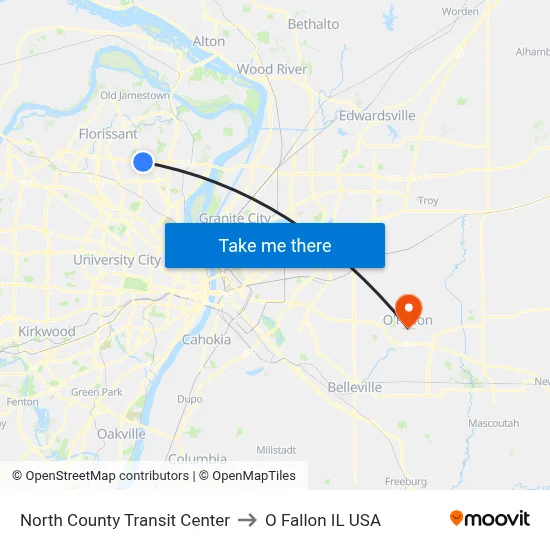 North County Transit Center to O Fallon IL USA map