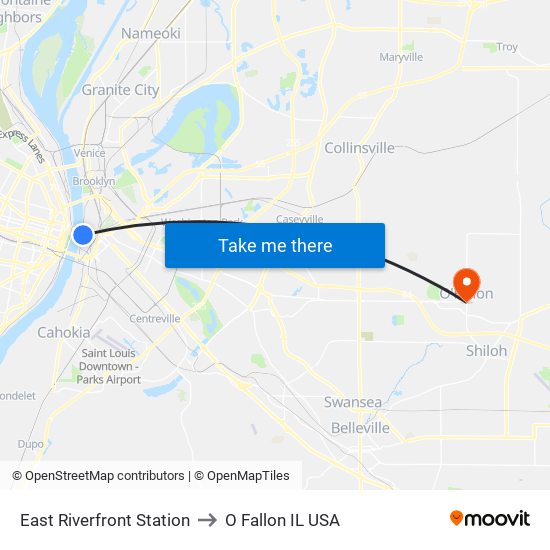 East Riverfront Station to O Fallon IL USA map