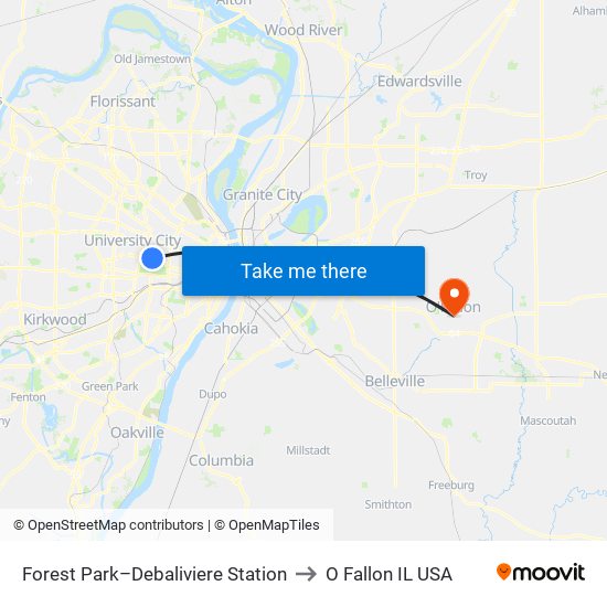 Forest Park–Debaliviere Station to O Fallon IL USA map