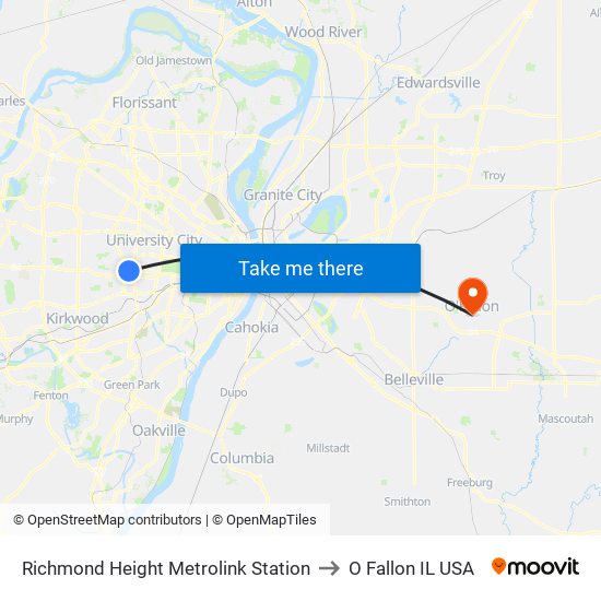 Richmond Height Metrolink Station to O Fallon IL USA map