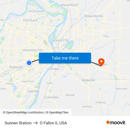 Sunnen Station to O Fallon IL USA map