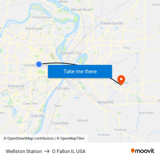 Wellston Station to O Fallon IL USA map