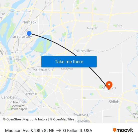 Madison Ave & 28th St NE to O Fallon IL USA map