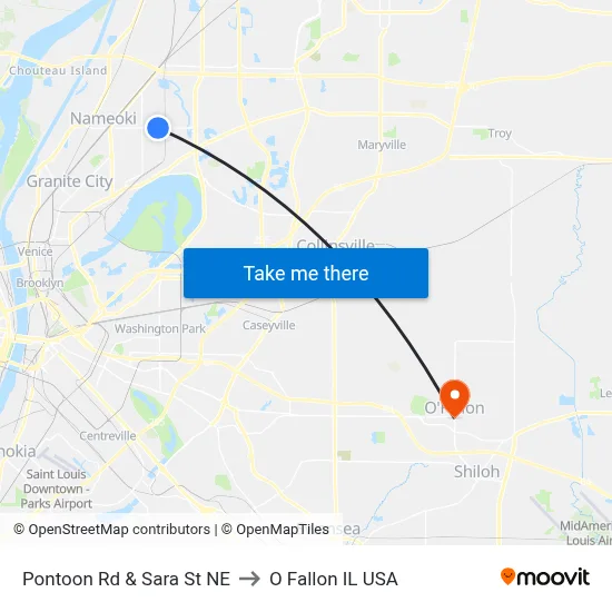 Pontoon Rd & Sara St NE to O Fallon IL USA map