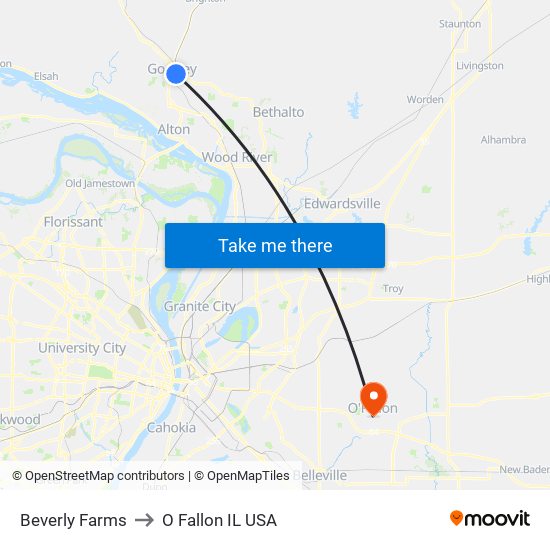 Beverly Farms to O Fallon IL USA map