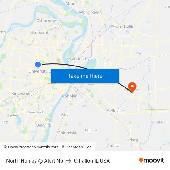 North Hanley @ Alert Nb to O Fallon IL USA map