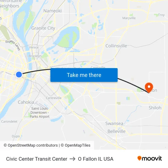 Civic Center Transit Center to O Fallon IL USA map