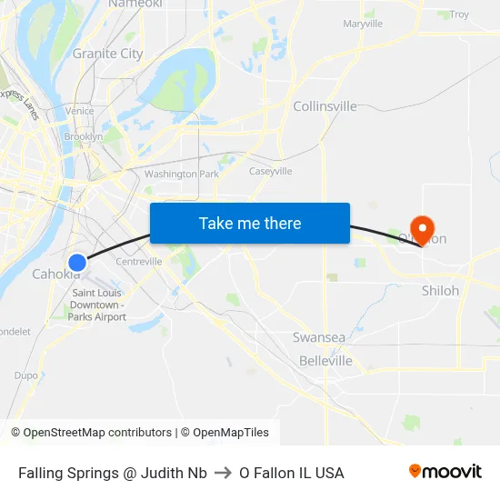 Falling Springs @ Judith Nb to O Fallon IL USA map