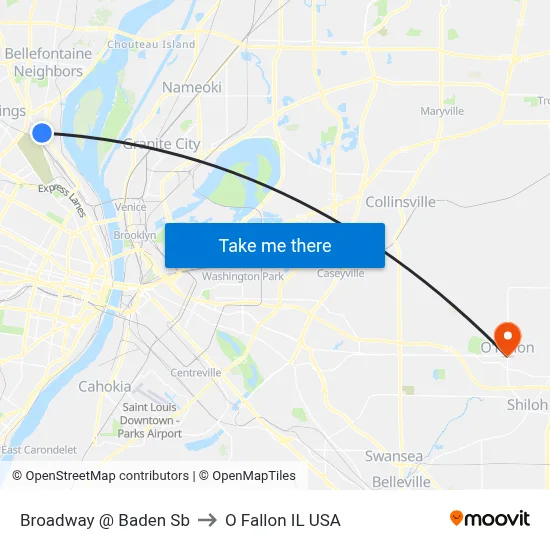 Broadway @ Baden Sb to O Fallon IL USA map