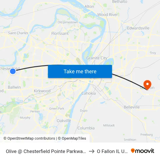 Olive @ Chesterfield Pointe Parkway Eb to O Fallon IL USA map