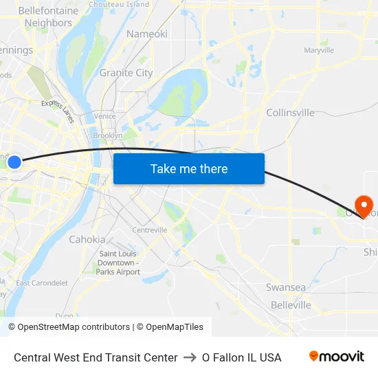 Central West End Transit Center to O Fallon IL USA map