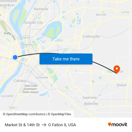 Market St & 14th St to O Fallon IL USA map
