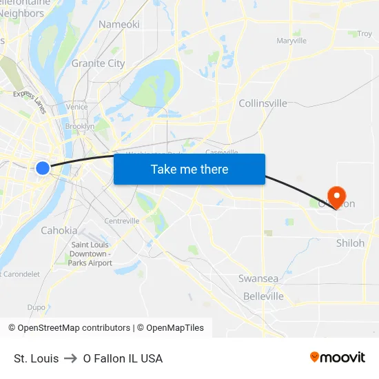 St. Louis to O Fallon IL USA map