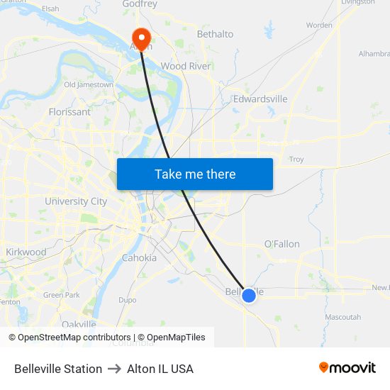 Belleville Station to Alton IL USA map