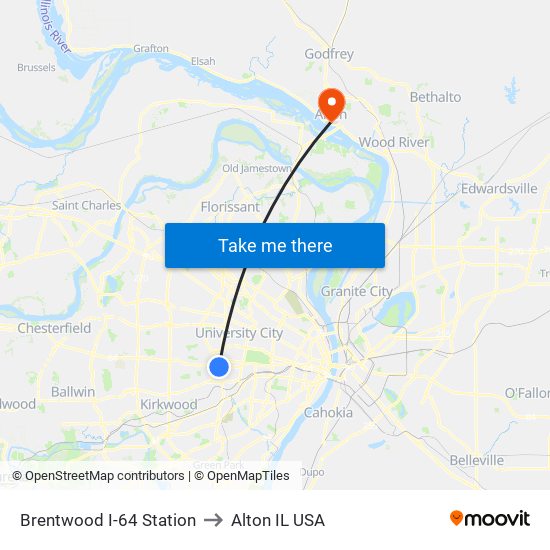 Brentwood I-64 Station to Alton IL USA map