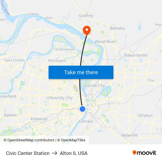 Civic Center Station to Alton IL USA map