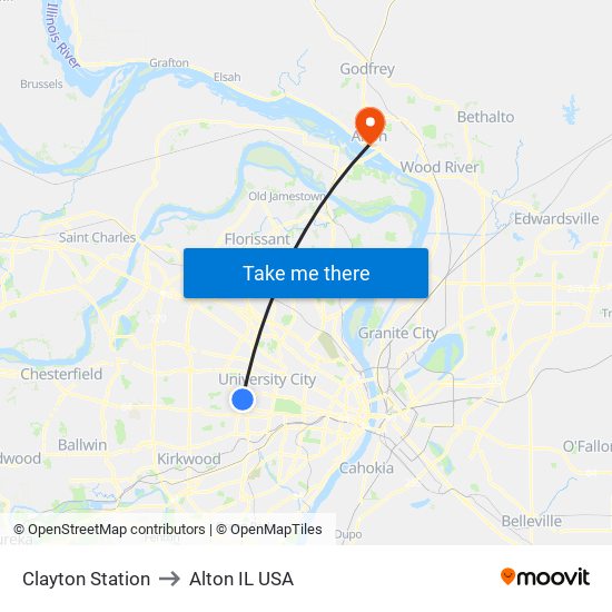 Clayton Station to Alton IL USA map