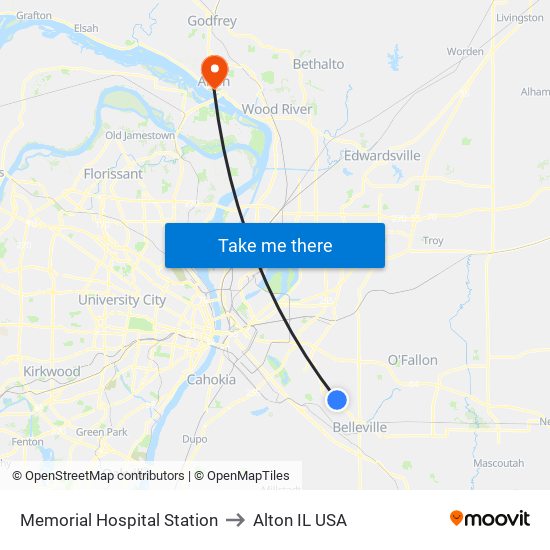 Memorial Hospital Station to Alton IL USA map