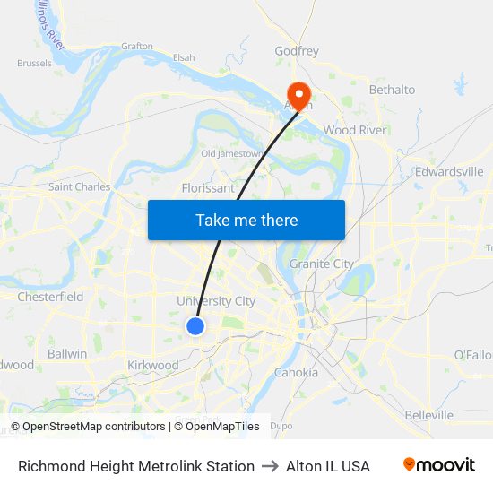 Richmond Height Metrolink Station to Alton IL USA map