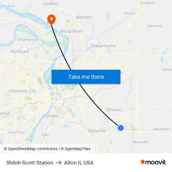 Shiloh-Scott Station to Alton IL USA map