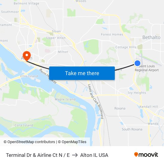 Terminal Dr & Airline Ct N / E to Alton IL USA map