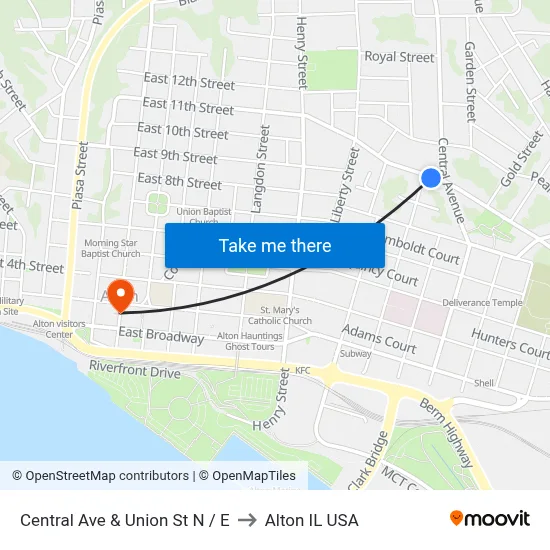 Central Ave & Union St NE to Alton IL USA map