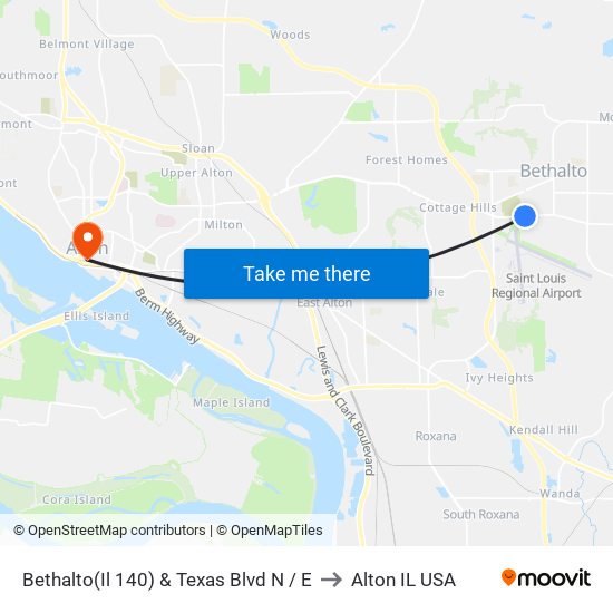 Bethalto(Il 140) & Texas Blvd N / E to Alton IL USA map
