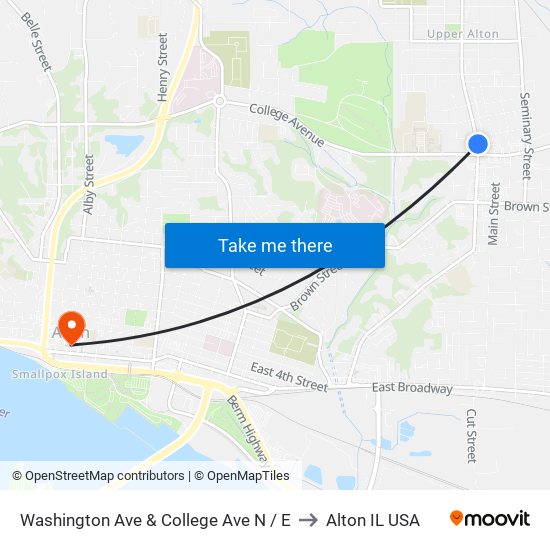 Washington Ave & College Ave N / E to Alton IL USA map