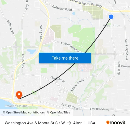 Washington Ave & Moore St SW to Alton IL USA map