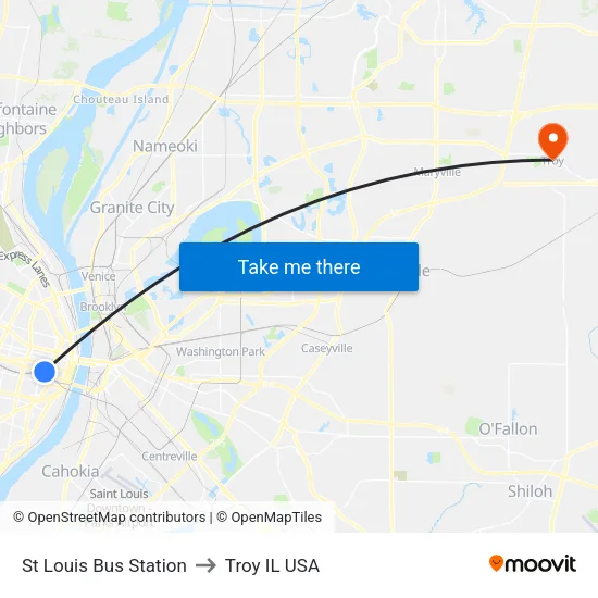 St Louis Bus Station to Troy IL USA map