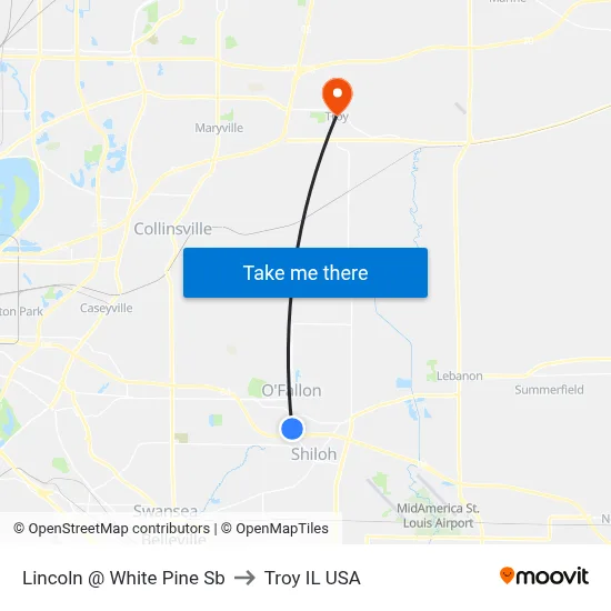 Lincoln @ White Pine Sb to Troy IL USA map