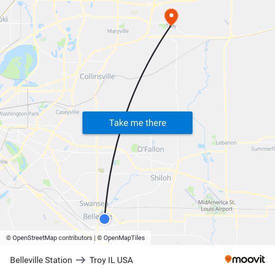 Belleville Station to Troy IL USA map