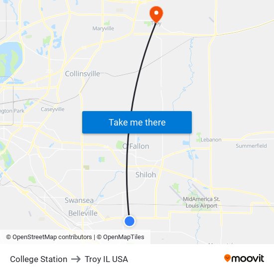 College Station to Troy IL USA map