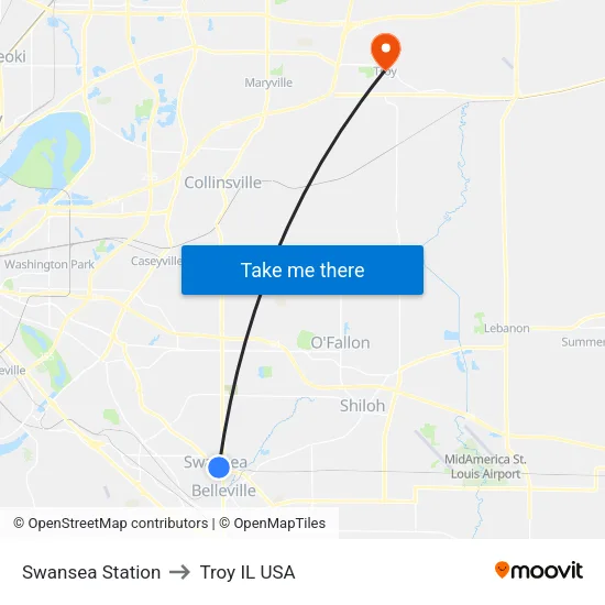 Swansea Station to Troy IL USA map