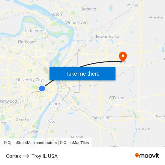 Cortex to Troy IL USA map