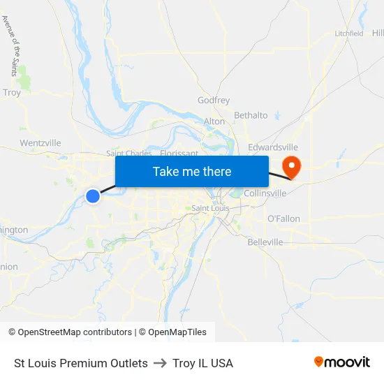 St Louis Premium Outlets to Troy IL USA map