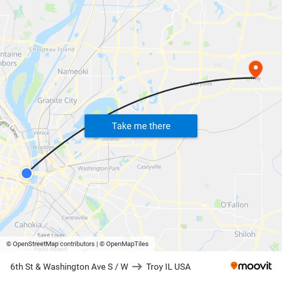 6th St & Washington Ave S / W to Troy IL USA map