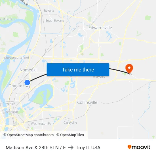 Madison Ave & 28th St N / E to Troy IL USA map