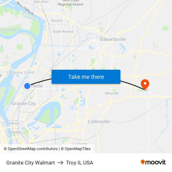 Granite City Walmart to Troy IL USA map