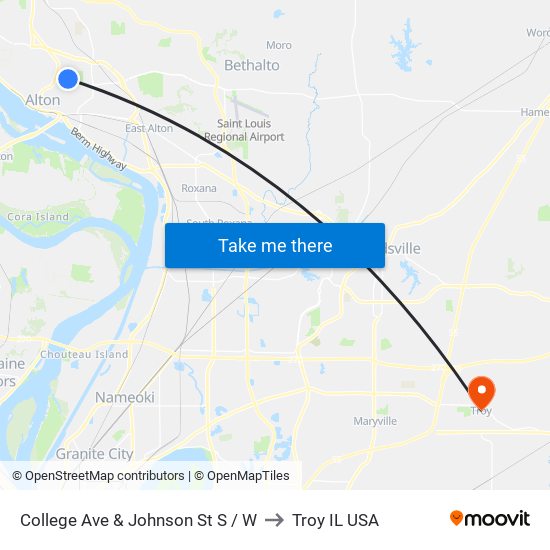 College Ave & Johnson St S / W to Troy IL USA map