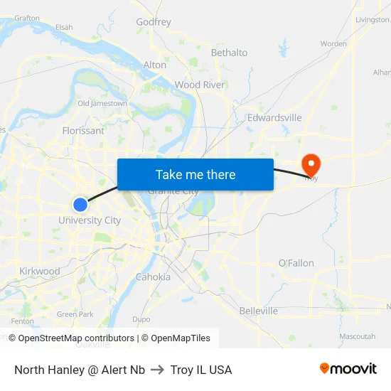 North Hanley @ Alert Nb to Troy IL USA map