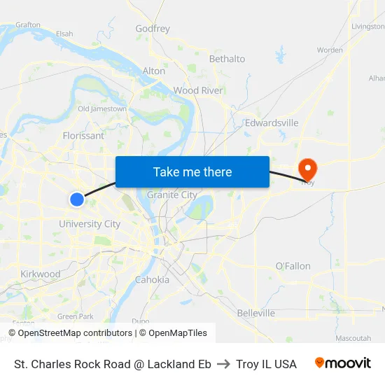 St. Charles Rock Road @ Lackland Eb to Troy IL USA map