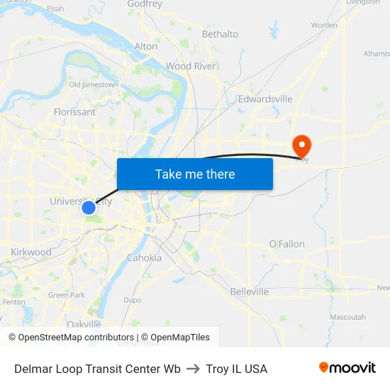 Delmar Loop Transit Center Wb to Troy IL USA map