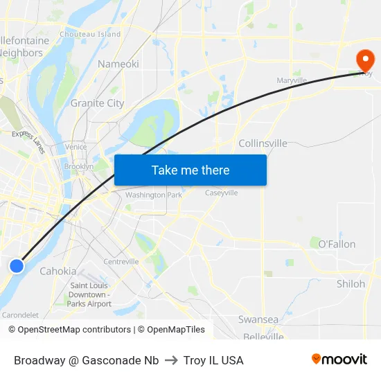 Broadway @ Gasconade Nb to Troy IL USA map