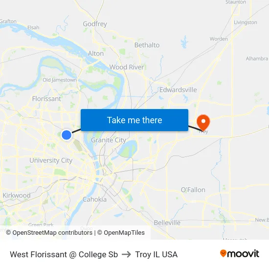 West Florissant @ College Sb to Troy IL USA map