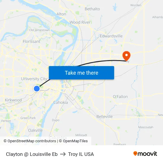 Clayton @ Louisville Eb to Troy IL USA map