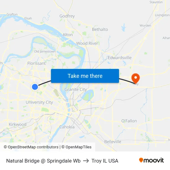 Natural Bridge @ Springdale Wb to Troy IL USA map