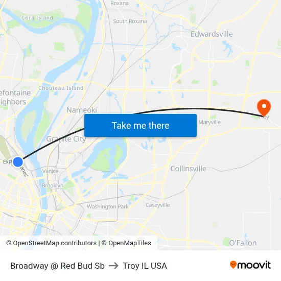 Broadway @ Red Bud Sb to Troy IL USA map
