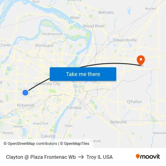Clayton @ Plaza Frontenac Wb to Troy IL USA map