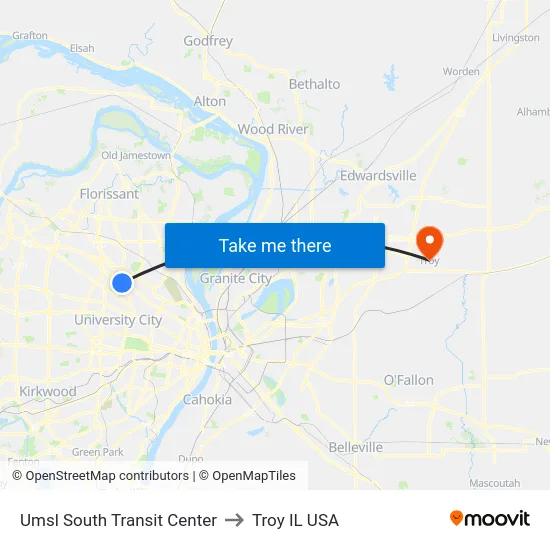 Umsl South Transit Center to Troy IL USA map